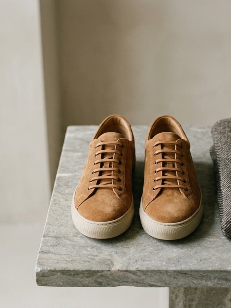 Tan suede sneakers beside a wool blazer and Egyptian cotton shirts