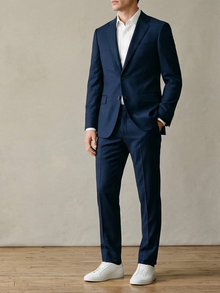 Slim navy Turkish suit styled with white sneakers